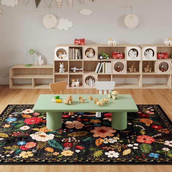 New 5x7 Black Area Rug, Washable Vintage Floral Non-Slip Carpet for Any Room - Picture 8 of 9